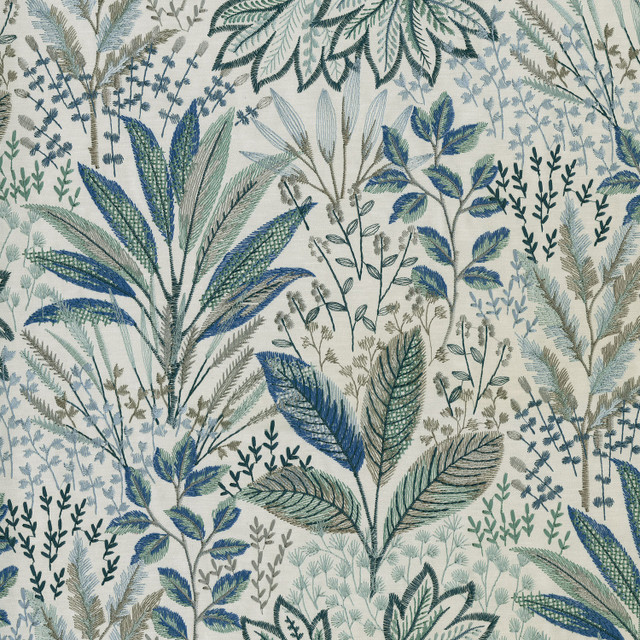 Amazonia Emb Lagoon 408771 by PKL Studio Fabric - Base: 73% Polyester 27% Cotton Emb: 100% Rayon India 46000 Horizontal: 26 and Vertical: 18 Base: 54" Emb: 52" - Fabric Carolina -