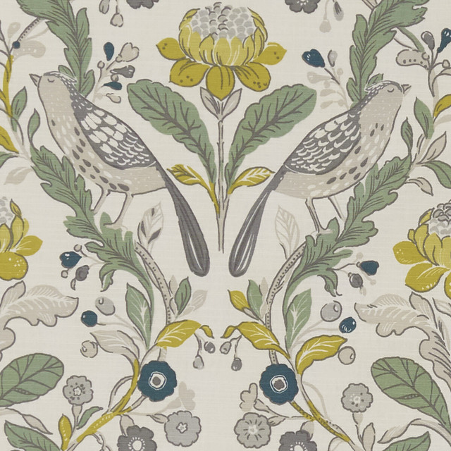 Orchard Birds Birds Forest/Chartreuse by Clarke And Clarke Fabric CLARKE & CLARKE SHERWOOD COTTON - 100% Turkey MEDIUM Horizontal: - and Vertical: - 54 - Fabric Carolina -