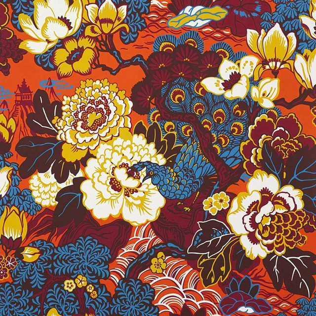 Shanghai Peacock Cinnabar 5006992 by Schumacher Wallpaper Exuberant Prints 27.0" - Fabric Carolina - Shanghai Peacock Cinnabar 5006992 by Schumacher Wallpaper Exuberant Prints 27.0" - Fabric Carolina -