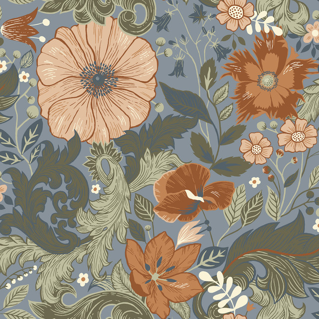Victoria Blue Floral Nouveau Wallpaper by A-Street Prints Annelie Covers about 57.5 square feet 20.9-in by 33-ft long roll Unpasted 20.9 - Fabric Carolina - Victoria Blue Floral Nouveau Wallpaper by A-Street Prints Annelie Covers about 57.5 square feet 20.9-in by 33-ft long roll Unpasted 20.9 - Fabric Carolina -