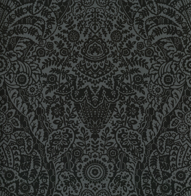 Maris Charcoal Flock Damask Wallpaper by A-Street Prints Daylight Covers about 56.4 square feet 20.5-in by 33-ft long roll Unpasted 21 - Fabric Carolina -