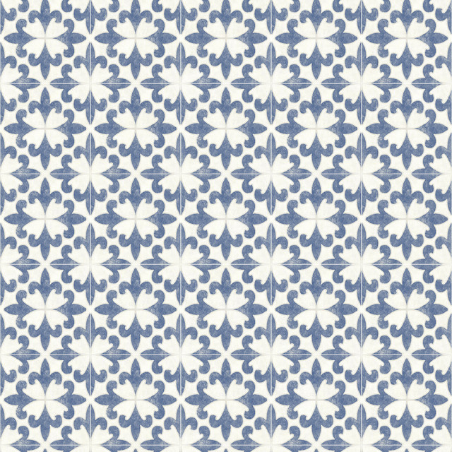 Remy Blue Fleur Tile Wallpaper by Chesapeake Delphine Covers about 56.4 square feet 20.5-in by 33-ft long roll Prepasted 20.5 - Fabric Carolina -