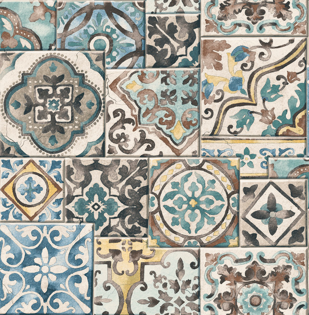 Marrakesh Blue Global Tiles Wallpaper by Brewster Fresh Start Kitchen & Bath Covers about 56.4 square feet 20.5-in by 33-ft long roll Unpasted 20.9 - Fabric Carolina -