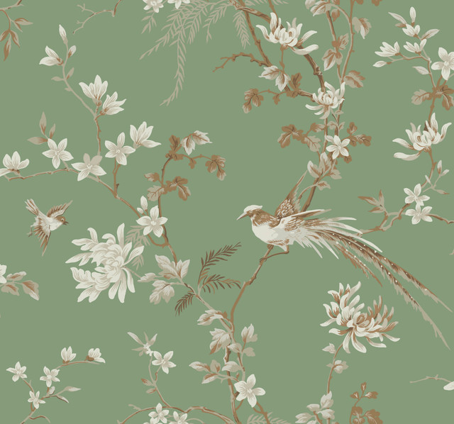 Bird & Blossom Chinoserie Green Wallpaper by Ronald Redding 24 Karat Covers about 60.8 square feet 27-in by 27-ft long roll Unpasted 25.25 - Fabric Carolina -