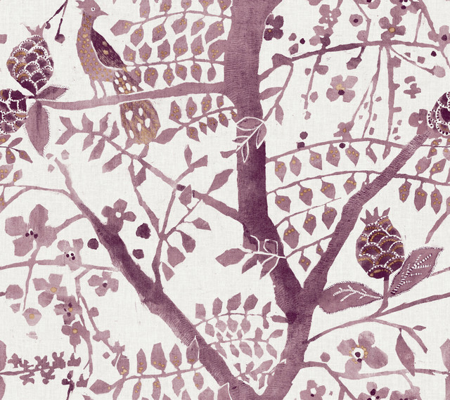 Peacock Block Print Purple Wallpaper by Antonina Vella Antonina Vella Boho Luxe Covers about 60.8 square feet 27-in by 27-ft long roll Unpasted 24 - Fabric Carolina - Peacock Block Print Purple Wallpaper by Antonina Vella Antonina Vella Boho Luxe Covers about 60.8 square feet 27-in by 27-ft long roll Unpasted 24 - Fabric Carolina -