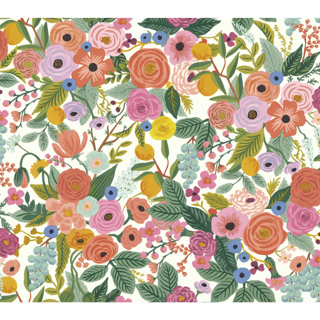 Garden Party Coral & Orange Wallpaper by Rifle Paper Co. Rifle Paper Co. Covers about 60.8 square feet 27-in by 27-ft long roll Unpasted 24 - Fabric Carolina -
