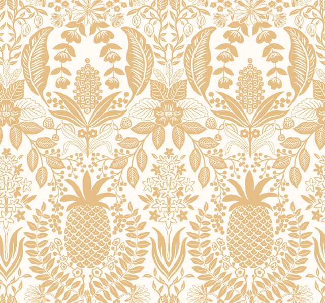 Pineapple Damask Gold Wallpaper by Rifle Paper Co. Rifle Paper Co. 3rd Edition Covers about 60.8 square feet 27-in by 27-ft long roll Unpasted 25.25 - Fabric Carolina -