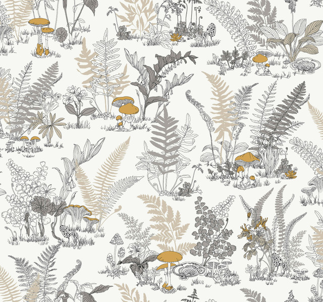 Mushroom Garden Toile Neutral & Gold Wallpaper by York Wallcoverings Toile Resource Library Covers about 60.8 square feet 27-in by 27-ft long roll Unpasted 25.25 - Fabric Carolina -