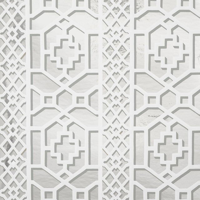 Zanzibar Trellis Mylar Silver Mylar 5013641 by Schumacher Wallpaper Moon River 13.5" - Fabric Carolina - Zanzibar Trellis Mylar Silver Mylar 5013641 by Schumacher Wallpaper Moon River 13.5" - Fabric Carolina -