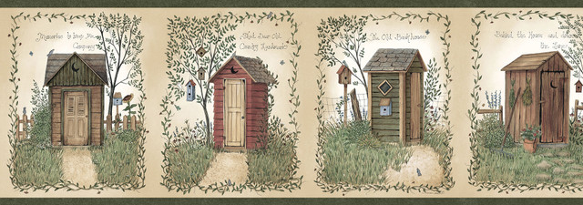 Fisher Sage Country Outhouses Wallpaper by Chesapeake Countryside Covers about 7.5 square feet 6-in by 15-ft long roll Prepasted 0 - Fabric Carolina -