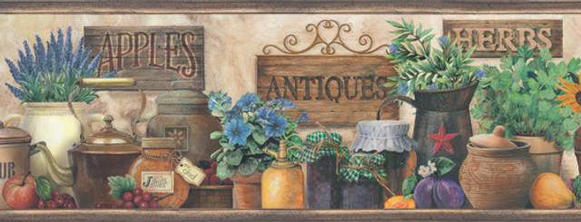 Marché Green Antique Herbs Portrait Wallpaper by Chesapeake Borders By Chesapeake Covers about 7.5 square feet 6-in by 15-ft long roll Prepasted 0 - Fabric Carolina -