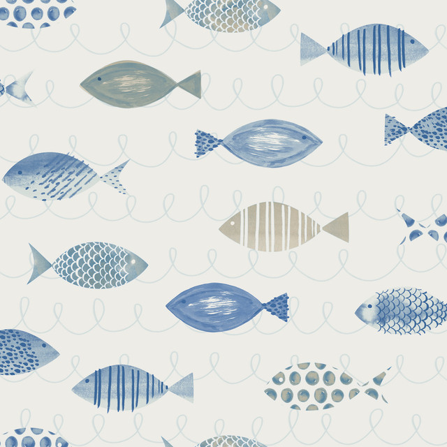 Key West Blue Fish Wallpaper by Chesapeake Seaside Living Covers about 56.4 square feet 20.5-in by 33-ft long roll Prepasted 20.5 - Fabric Carolina -