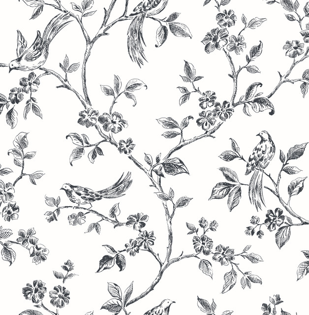 Ophelia Black Bird Trail Wallpaper by Advantage Shades of Grey Covers about 56.4 square feet 20.5-in by 33-ft long roll Unpasted 10.4 - Fabric Carolina -