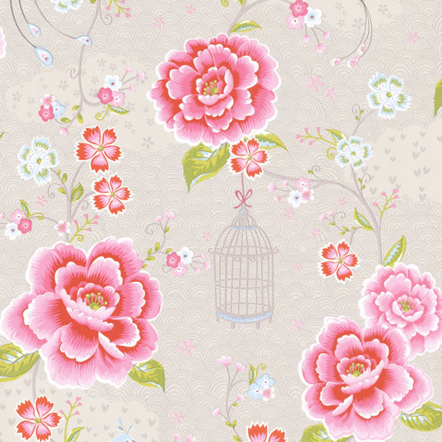 Taupe Floral Birds Trail Wallpaper by Eijffinger Pip Covers about 57.8 square feet 21-in by 33-ft long roll Unpasted 25.2 - Fabric Carolina -