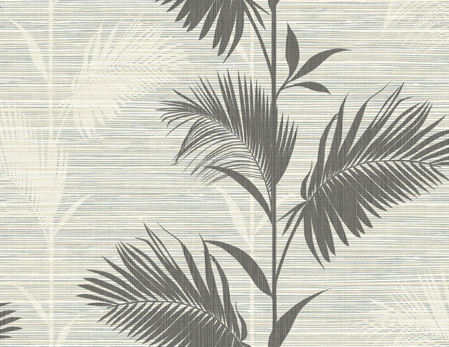 Away on Holiday Black Palm Wallpaper by Kenneth James Palm Springs Covers about 60.8 square feet 27-in by 27-ft long roll Unpasted 21 - Fabric Carolina -