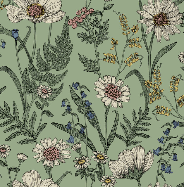Arden Sage Wild Meadow Wallpaper by Fine Decor Medley Covers about 56.4 square feet 20.5-in by 33-ft long roll Unpasted 20.9 - Fabric Carolina -