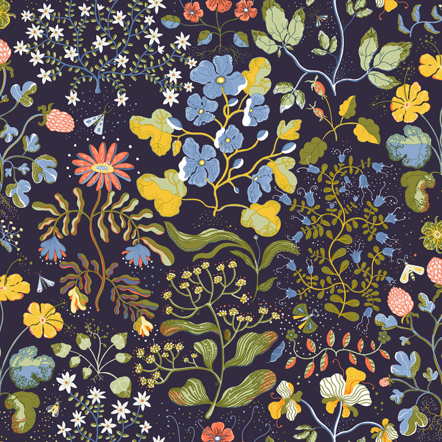 Groh Dark Blue Floral Wallpaper by A-Street Prints Botanica Covers about 57.5 square feet 20.9-in by 33-ft long roll Unpasted 20.9 - Fabric Carolina -