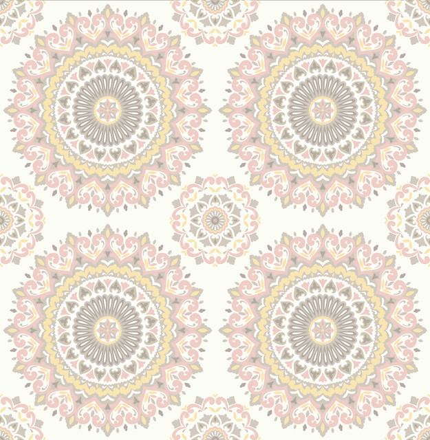 Gemma Light Pink Boho Medallion Wallpaper by A-Street Prints Kismet Covers about 56.4 square feet 20.5-in by 33-ft long roll Unpasted 10.5 - Fabric Carolina -