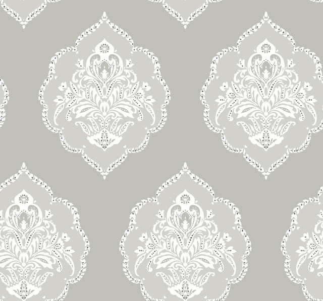 Signet Medallion Damask Grey Wallpaper by Inspired by Color Beige & Neutrals Covers about 60.8 square feet 27-in by 27-ft long roll Prepasted 25.25 - Fabric Carolina - Signet Medallion Damask Grey Wallpaper by Inspired by Color Beige & Neutrals Covers about 60.8 square feet 27-in by 27-ft long roll Prepasted 25.25 - Fabric Carolina -