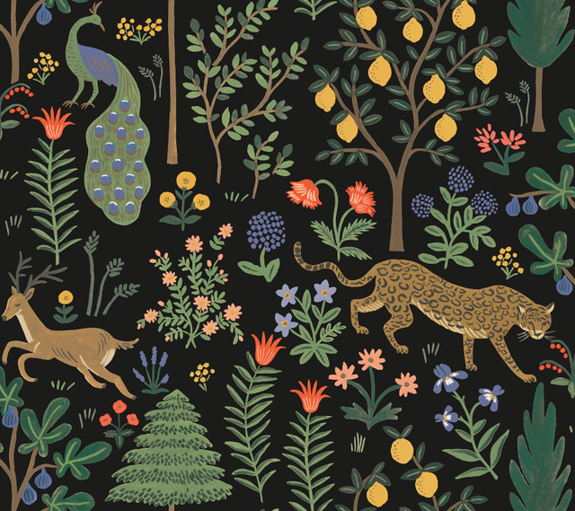 Menagerie Black Peel & Stick Wallpaper by Rifle Paper Co. Rifle Paper Co. Premium Peel & Stick Covers about 45 square feet 27-in by 20-ft long roll Peel & Stick 24 - Fabric Carolina - Menagerie Black Peel & Stick Wallpaper by Rifle Paper Co. Rifle Paper Co. Premium Peel & Stick Covers about 45 square feet 27-in by 20-ft long roll Peel & Stick 24 - Fabric Carolina -