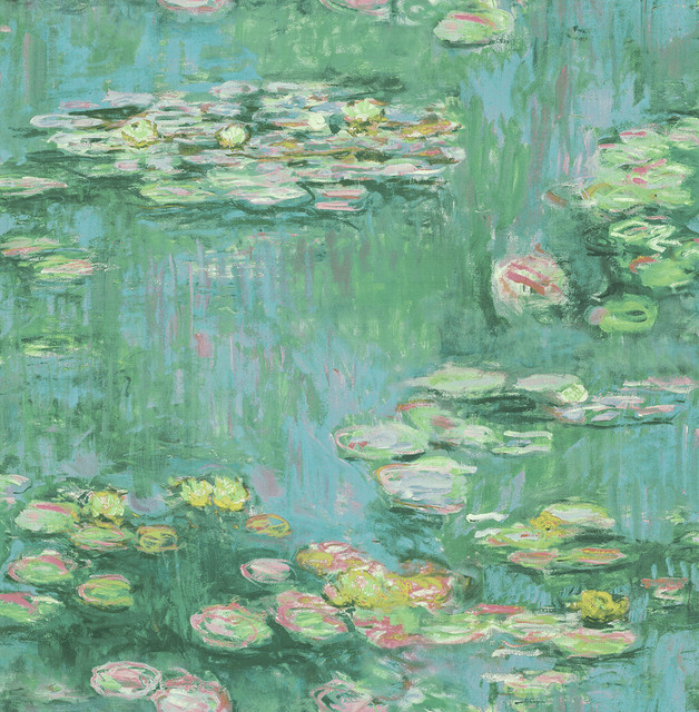 Lily Pads Gold, Green, and Pink by Seabrook Wallpaper French Impressionist United States 56.12 20.87" 20.5" - Fabric Carolina -