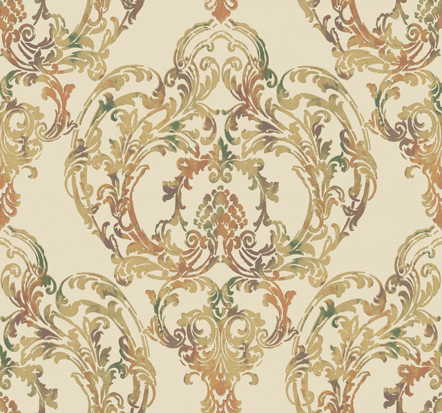 Roxen Damask Amber, Gold, and Pine by Seabrook Wallpaper Lugano United States 60.75 25.2" 27" - Fabric Carolina -