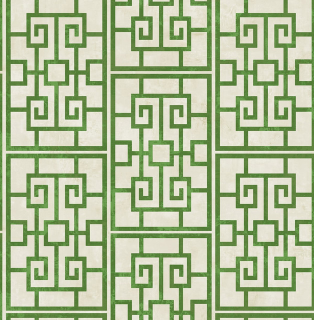 Dynasty Lattice Metallic Pearl and Emerald Green by Seabrook Wallpaper Koi United States 56.05 20.87" 20.5" - Fabric Carolina -