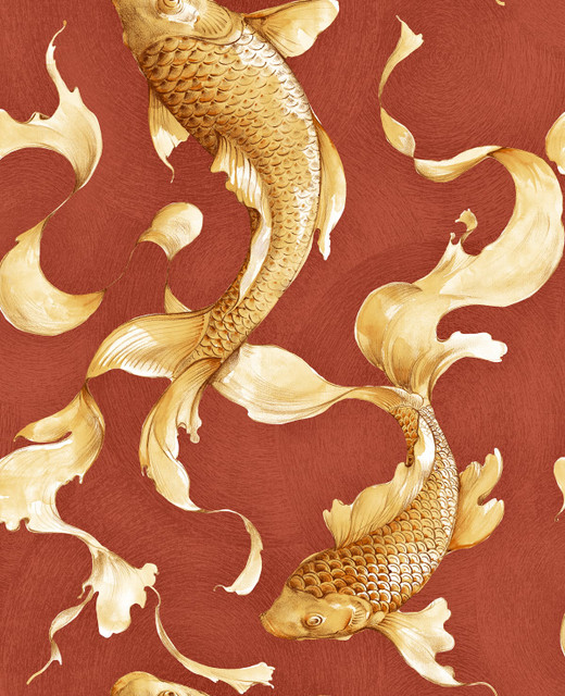 Koi Fish Metallic Gold and Crimson by Seabrook Wallpaper Koi United States 56.05 25.2" 20.5" - Fabric Carolina -