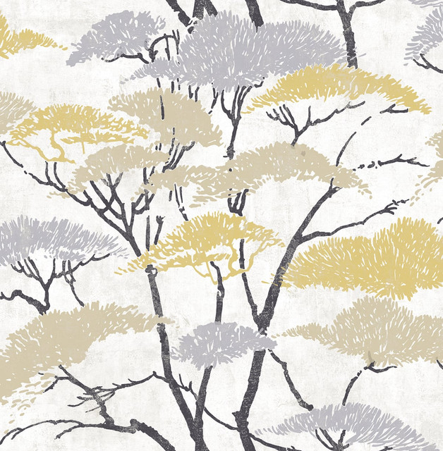Confucius Tree Metallic Gold and Silver by Seabrook Wallpaper Koi United States 56.05 20.87" 20.5" - Fabric Carolina -