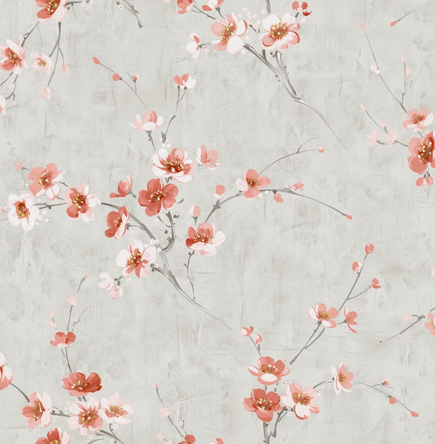Silk Road Dogwood Metallic Silver and Strawberry by Seabrook Wallpaper Koi United States 56.05 20.87" 20.5" - Fabric Carolina -