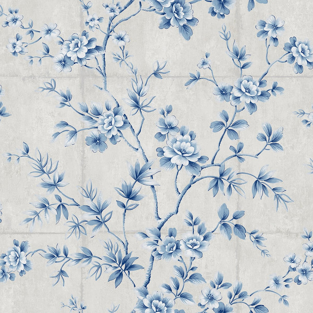 Great Wall Floral Metallic Silver and Sky Blue by Seabrook Wallpaper Koi United States 60.75 27" 27" - Fabric Carolina -