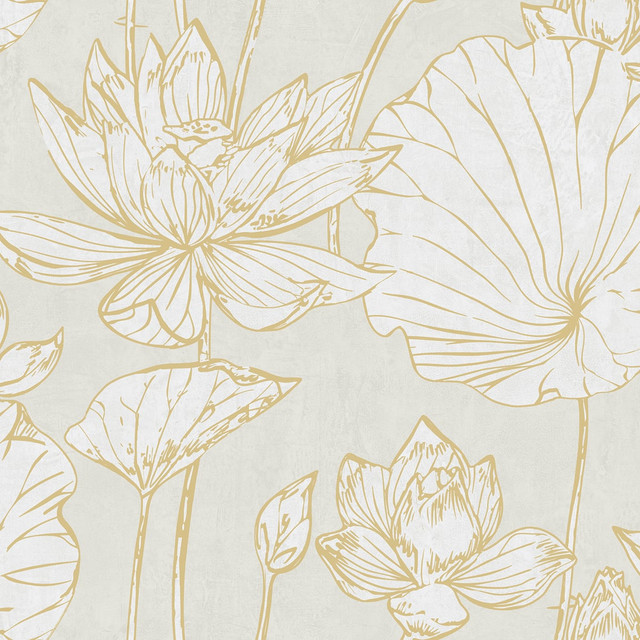 Lotus Floral Metallic Gold and Off-White by Seabrook Wallpaper Koi United States 60.75 27" 27" - Fabric Carolina -
