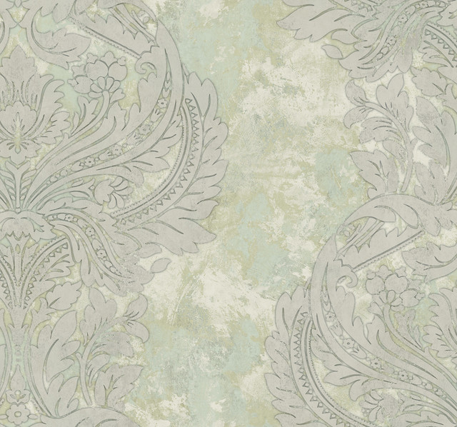 Newton Damask Metallic Gold and Mint by Seabrook Wallpaper Avant Garde United States 60.75 25.2" 27" - Fabric Carolina -