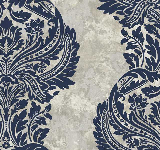 Newton Damask Blue and Grey Damask by Seabrook Wallpaper Avant Garde United States 60.75 25.2" 27" - Fabric Carolina -