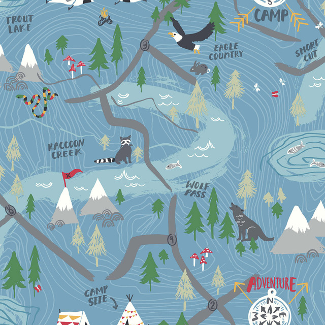 Campground Bluebird by Seabrook Wallpaper Playdate Adventure United States 56.05 20.87" 20.5" - Fabric Carolina -
