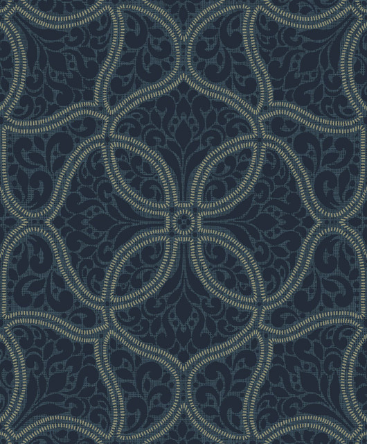 Scroll Trail Navy and Silver by Seabrook Wallpaper Aura Netherlands 56.05 25.2" 20.5" - Fabric Carolina -