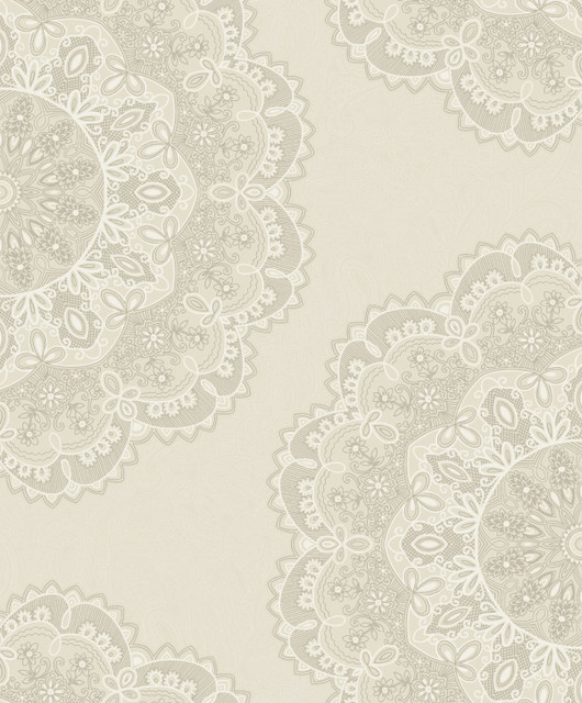 Lace Medallion Cream, Silver, and White by Seabrook Wallpaper Aura Netherlands 56.05 25.2" 20.5" - Fabric Carolina -