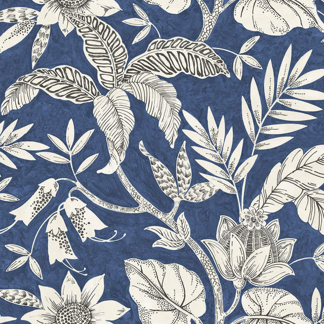 Rainforest Leaves Sapphire and Brushed Ebony by Seabrook Wallpaper Boho Rhapsody United States 60.75 25.2" 27" - Fabric Carolina -