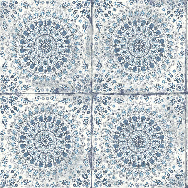Mandala Boho Tile Cerulean and Washed Denim by Seabrook Wallpaper Boho Rhapsody United States 56.05 20.87" 20.5" - Fabric Carolina -