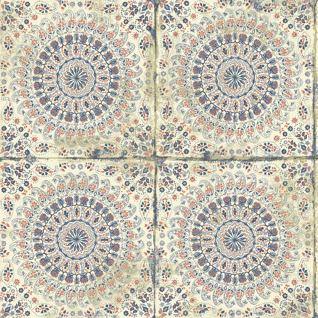 Mandala Boho Tile Coral, Cream, and Midnight Blue by Seabrook Wallpaper Boho Rhapsody United States 56.05 20.87" 20.5" - Fabric Carolina -