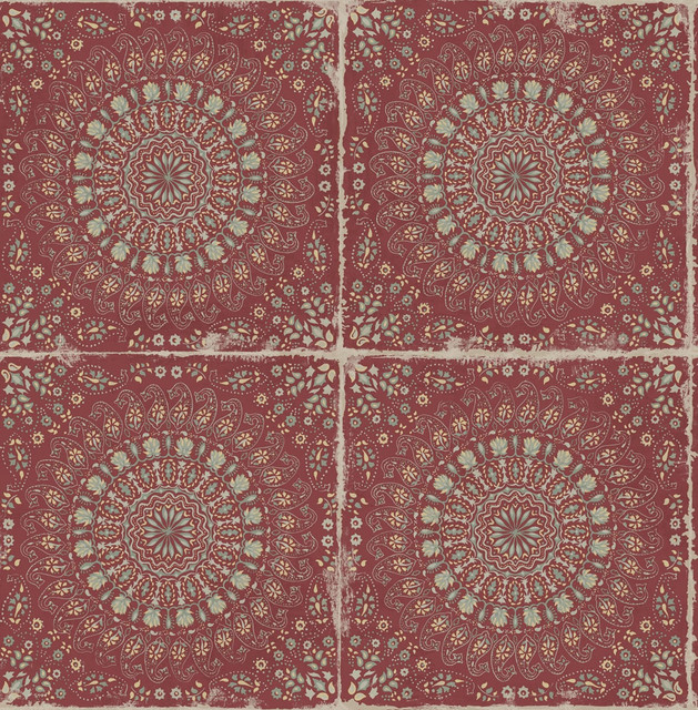 Mandala Boho Tile Cabernet and Aloe Green by Seabrook Wallpaper Boho Rhapsody United States 56.05 20.87" 20.5" - Fabric Carolina -