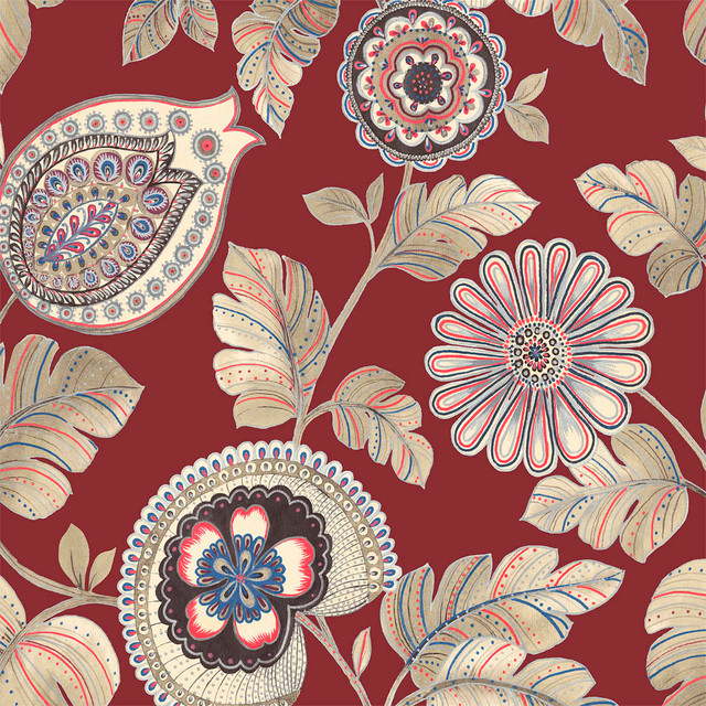 Calypso Paisley Leaf Fabric Cabernet and Coral by Seabrook Wallpaper Boho Rhapsody United States 13.5 27" 3" - Fabric Carolina -