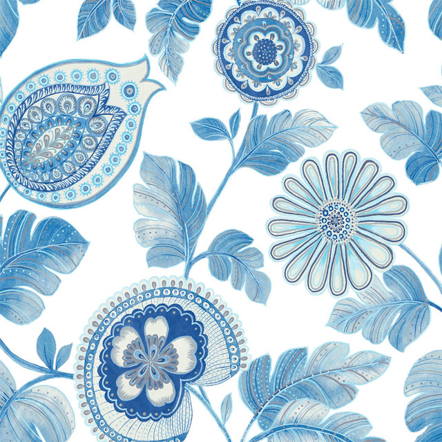 Calypso Paisley Leaf Fabric Blue Oasis and Ivory by Seabrook Wallpaper Boho Rhapsody United States 13.5 27" 3" - Fabric Carolina -