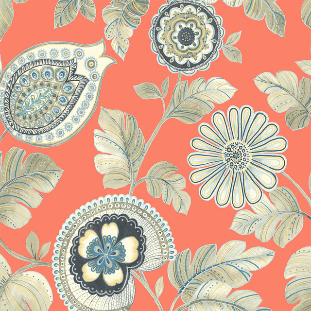 Calypso Paisley Leaf Fabric Coral and Aloe by Seabrook Wallpaper Boho Rhapsody United States 13.5 27" 3" - Fabric Carolina -