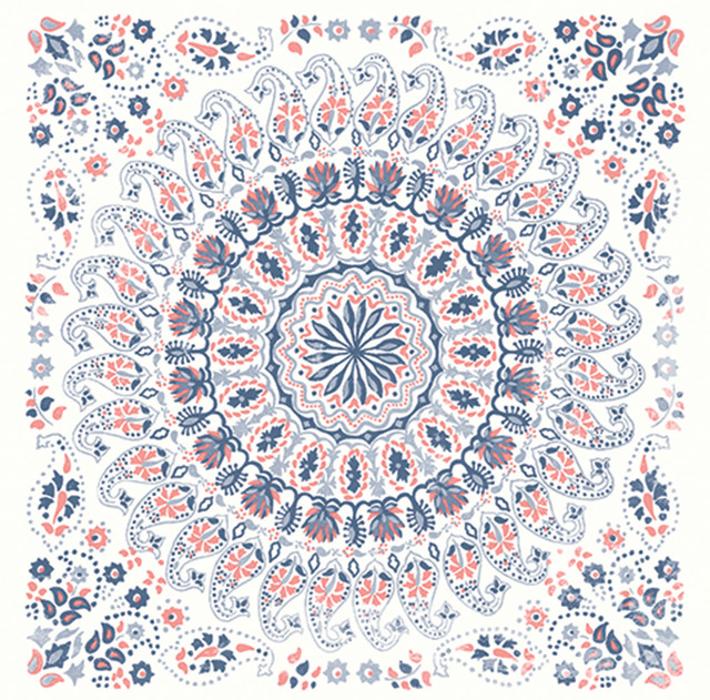 Mandala Boho Tile Fabric Coral, Cream, and Midnight Blue by Seabrook Wallpaper Boho Rhapsody United States 13.5 18" 3" - Fabric Carolina -