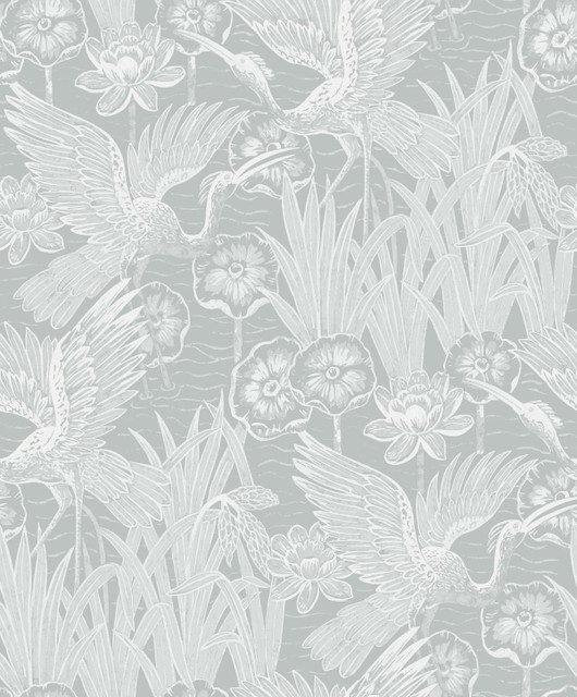 Marsh Cranes Mist by Seabrook Wallpaper White Heron Netherlands 57.5 25.2" 20.9" - Fabric Carolina -
