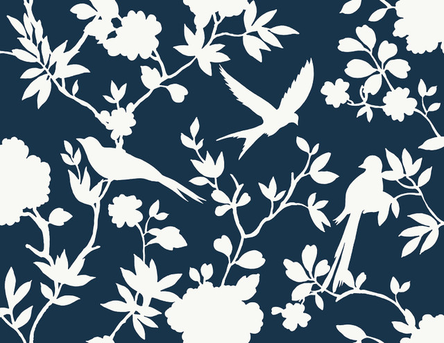 Kauai Bird Toile Denim Blue by Seabrook Wallpaper Coastal Haven United States 60.75 20.87" 27" - Fabric Carolina -