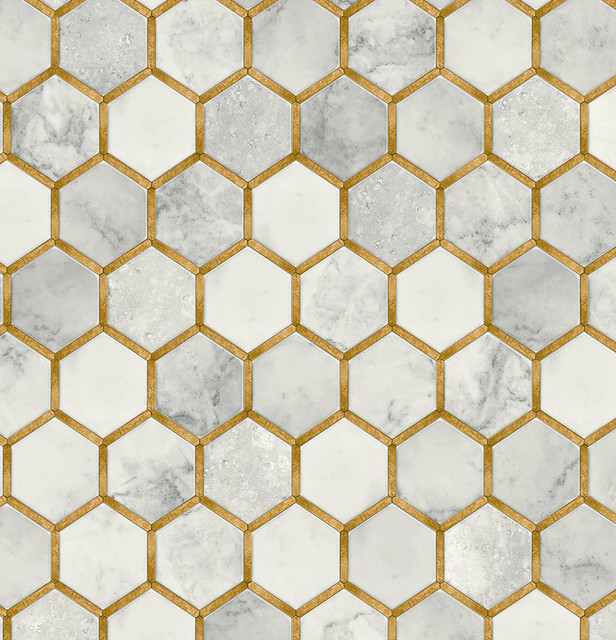 Faux Hex Tile Alaska Grey & Metallic Gold by Seabrook Wallpaper Prepasted Online United States 56.05 20.87" 20.5" - Fabric Carolina -