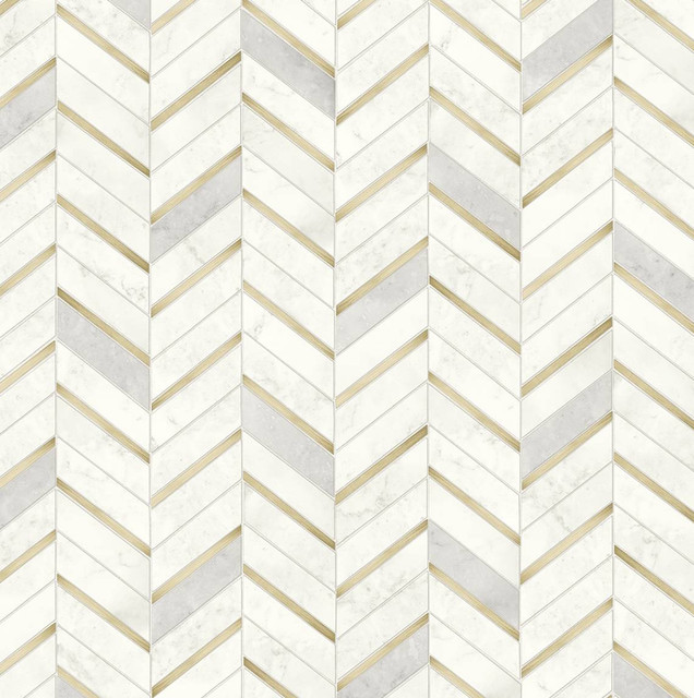 Chevron Faux Tile Gold & Pearl Grey by Seabrook Wallpaper Prepasted Online United States 56.05 20.87" 20.5" - Fabric Carolina -