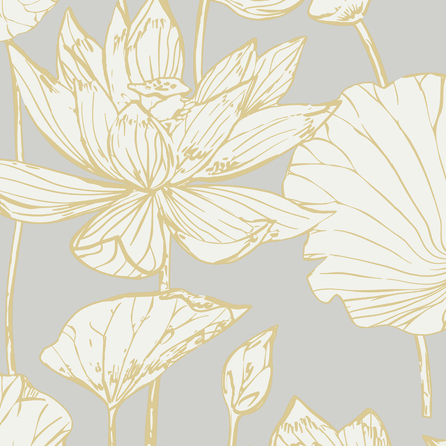 Water Lily Floral Metallic Gold & Grey by Seabrook Wallpaper Etten Studios Online Netherlands 57.5 25.2" 20.9" - Fabric Carolina -
